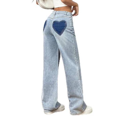 GILIPUR Women's Jeans with Heart Patch, Light Blue Denim,Baggy